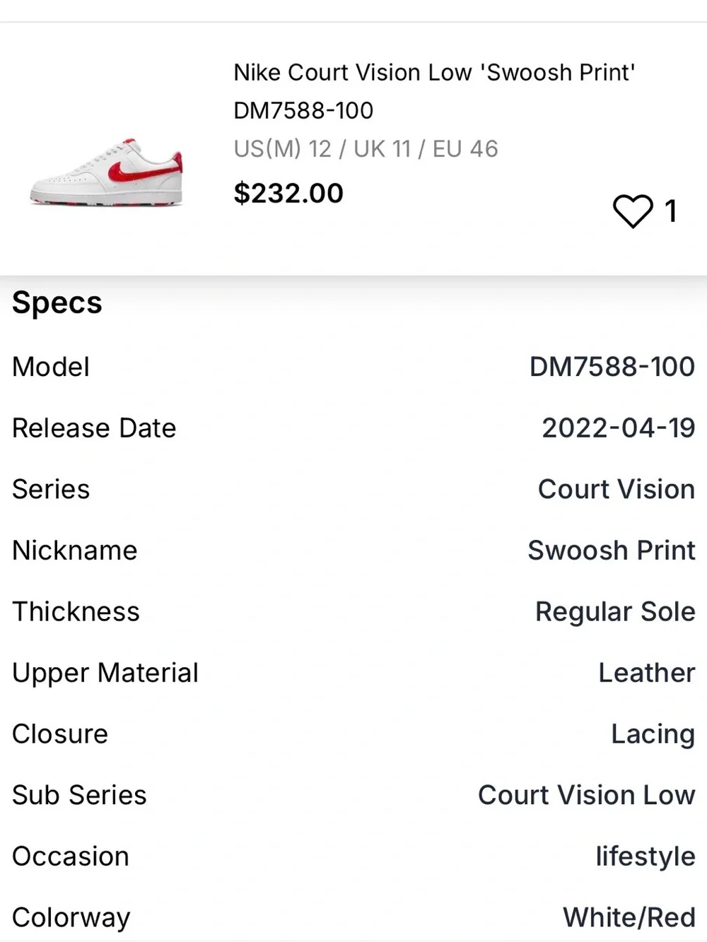 Nike court low vision White & Red Men's Low-Top